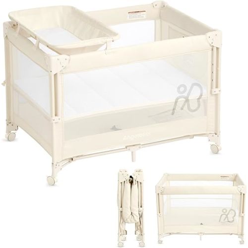 ANGELBLISS Baby Bassinet Bedside Crib, Pack and Play with Mattress, Diaper Changer, One-Push Setup Playards from Infants to Toddlers (Beige)