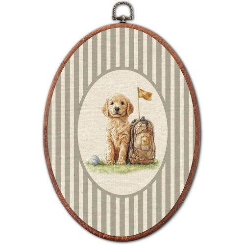Jinhaichen Vintage Dog Golf Nursery Oval Wall Art Framed, Neutral Striped Classic Wall Decor, Unique Gift for Pet Lovers Hanging Canvas Prints for Kids Toddler Room Bedroom Playroom, 8.6x11.4 Inch