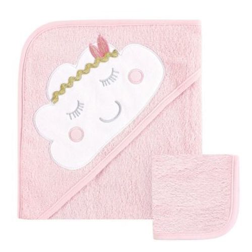 Hudson Baby Infant Girl Cotton Hooded Towel And Washcloth 2pc Set, Boho Cloud, One Size