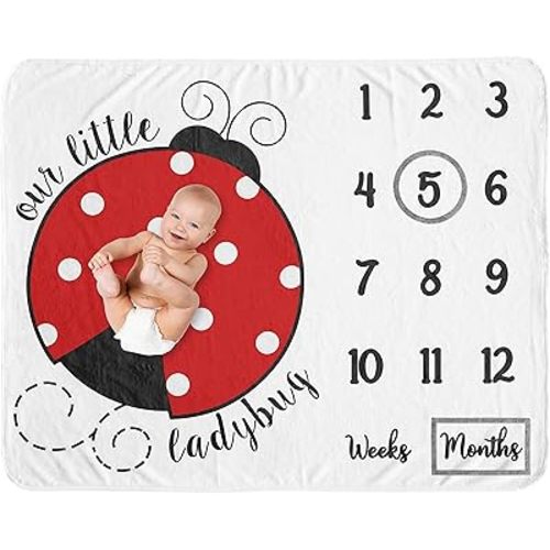 Sweet Jojo Designs Little Ladybug Girl Milestone Blanket Monthly Newborn First Year Growth Mat Baby Shower Memory Keepsake Gift Picture - Red Black and White Polka Dot
