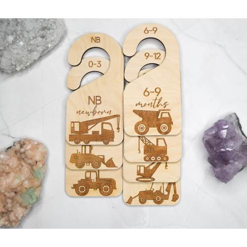 Construction Trucks-Themed Baby Closet Dividers - Engraved Hangers for Newborn to 24 Months with Dump Trucks, Excavators, and Bulldozers