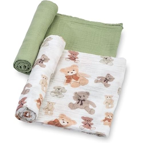 LollyBanks Muslin Swaddle Blankets for Boys and Girls, 47 x 47 Inches Soft Swaddles for Newborns, Breathable and Lightweight 100% Cotton Baby Blanket, Baby Essentials, Registry (Teddy Bear 2 Pack)
