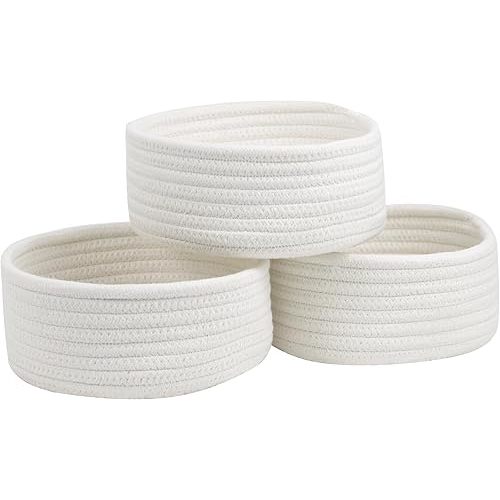Small Basket, Set of 3 Small Woven Baskets, Cotton Rope Baskets for Organizing, Cute Mini Tiny Baskets for Nursery, Decorative Boho Round Storage Basket Bathroom Organization Bin