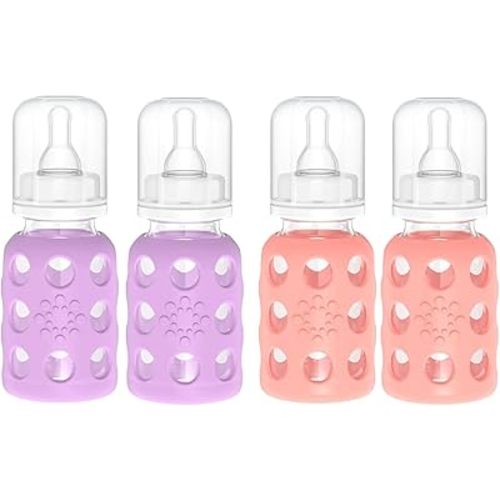 Lifefactory Glass Baby Bottles with Silicone Protection - 4-Pack, 4 oz Each Bottle (2- Lavender & 2- Cantaloupe)