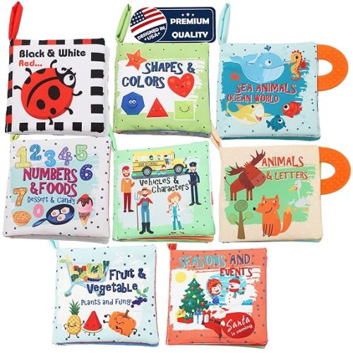 Baby Books Toys Gifts, Touch and Feel Cloth Crinkle Books for Babies,Infant Toddler Baby 0-3-6-12-18 Months,Early Learning Toys 6 to 12 Months 1-2 Years Old,Christmas Shower Gift for Boys Girls,8 PCS
