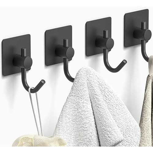 Adhesive Wall Hooks for Hanging - Towel Hooks for Bathroom and Kitchen, 304 Stainless Steel Towel Hanger (Black, 4 Pack)