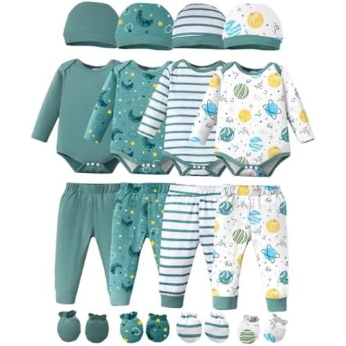 NZRVAWS Newborn Baby Boy Girl Clothes Unisex Infant Romper Pants Set Hat 4-Pack Outfits 0-12 Months 16 Pieces Toddler
