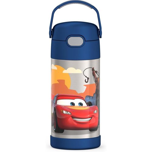 THERMOS FUNTAINER Water Bottle with Straw - 12 Ounce - Kids Stainless Steel Vacuum Insulated Water Bottle with Lid, Cars