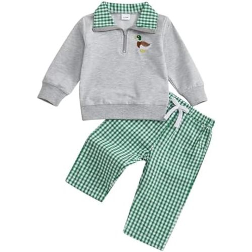 Gueuusu Toddler Baby Boy Girl Hunting Outfit Mallard Duck Embroidery Quarter Zip Collared Shirt Long Pants Set Clothes