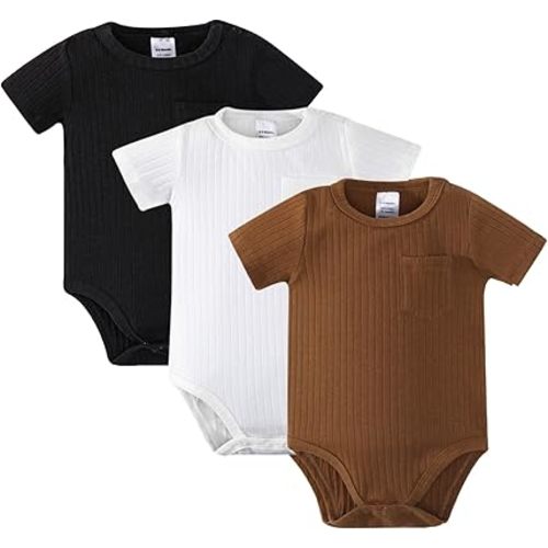 ROMPERINBOX Newborn Onsies Boy Girl 3 Pack Rib Knit Baby Bodysuit Solid Color Striped Short/Long Sleeve for Unisex
