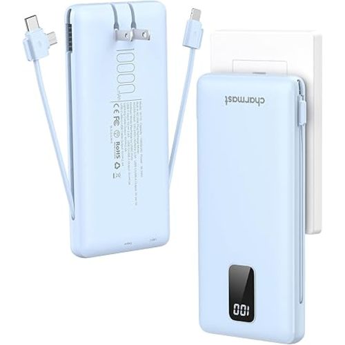 Charmast Portable Charger with Built-in Cables & Wall Plug, 10000mAh Portable Power Bank, External Battery Pack Travel Essentials Compatible with iPhone 16/15/14/13, Samsung, iPad etc