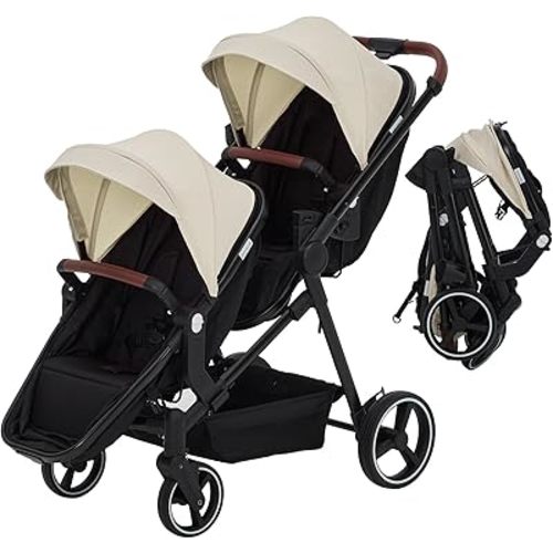 Tandem Double Stroller for Newborn and Toddler Twins, Foldable Twin Stroller with Reversible Seats, Adjustable Canopy & Backrest, 5-Point Harness, Large Storage Basket, One-Hand Fold，Beige