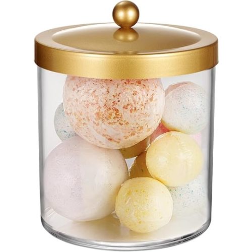SheeChung Premium Quality Apothecary Jar - 50 Ounce Large Clear Plastic Container Canister with Rust Proof Stainless Steel Lid, Laundry/Kitchen/Bathroom Vanity Countertop Storage Organizer (Gold)