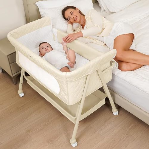 Baby Crib for Newborn, Baby Bassinets Bedside Sleeper with Breathable Mesh & Mattress, Easy Move Crib for Newborns with Lockable Wheels, 4-Adjustable Height Beside Bassinet (Beige)