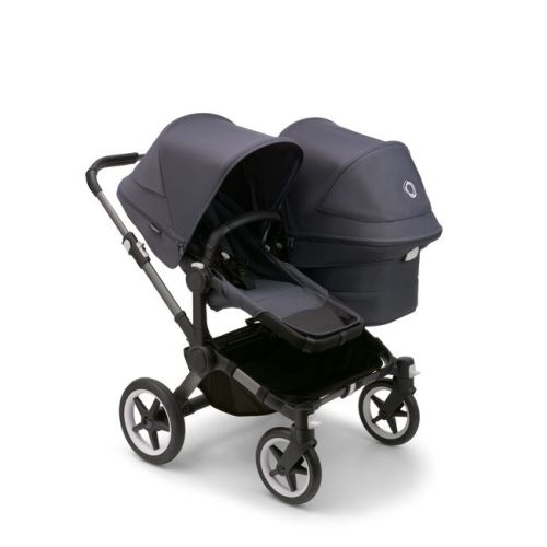Bugaboo Donkey 5 Duo bassinet and seat stroller black base, grey mélange fabrics, misty white sun canopy