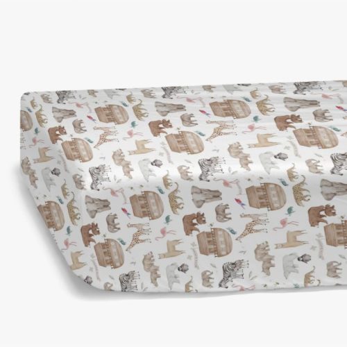 HawSkgFub Noah’s Ark Animal Boat Religious Fitted Standard Crib Sheet for Baby Boy Girl, Elephant Bear Giraffe Rhino Toddler Mattress Cover, Soft Stretchy Nursery Bed Sheets Decor Kids Gift 52" x 28"