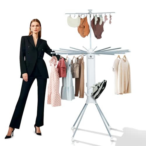 Flueen 4-Legged Clothes Drying Rack, 2025 Upgrade 3-Layer Foldable Portable Standing Drying Rack with 6 Shoe Racks, 16 Drying Rods and 20 Clips,Use for Drying Clothes and Shoes Indoors and Outdoors