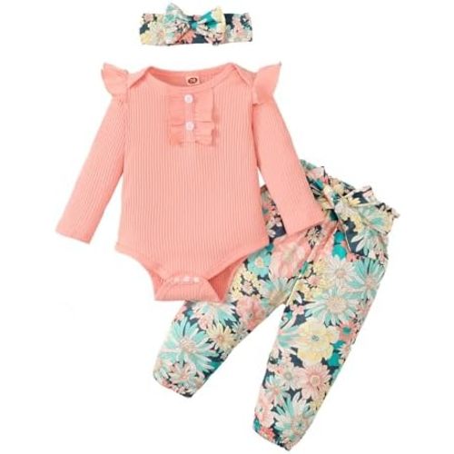 Kislio Newborn Baby Girls Clothes Ribbed Ruffled Romper+Floral Pants+Headband Infant Outfit Set