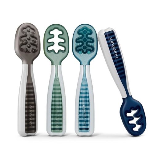 NumNum GOOtensil Pre-Spoons | Baby Spoon Set (Stage 1 + Stage 2) | BPA Free Silicone Self Feeding Toddler Utensils | For Kids Ages 6 Months+, 4 spoons, Beach Picnic - 4 Spoons