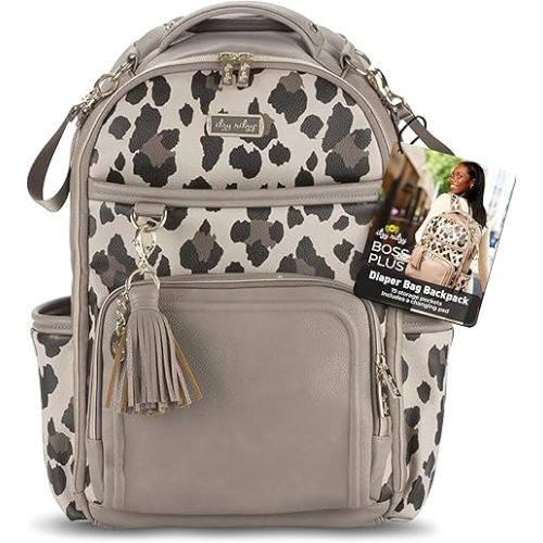 Itzy Ritzy Diaper Bag Backpack – Large Capacity Boss Plus Baby Backpack Diaper Bag Featuring 19 Pockets, Changing Pad, Stroller Clips, and Comfortable Backpack Straps, Leopard