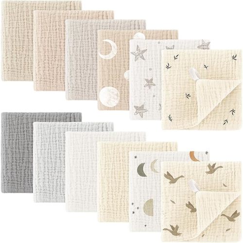 Bearmoss Muslin Baby Washcloths 100% Cotton Baby Bath Wash Cloth Large Ultra-Absorbent Burp Cloth Soft Baby Face Towel for Newborn Baby Boy and Girl, 10x10inch 12Pack (Goose)