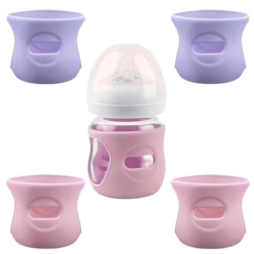 QinSuiKai 4 Pack Silicone Sleeves for Avent Natural Glass Baby Bottles, Anti Breakage Baby Bottle Holder, Compatible with Philips Avent Glass Natural Baby Bottle, BPA Free (Pink Purple, 4 OZ)