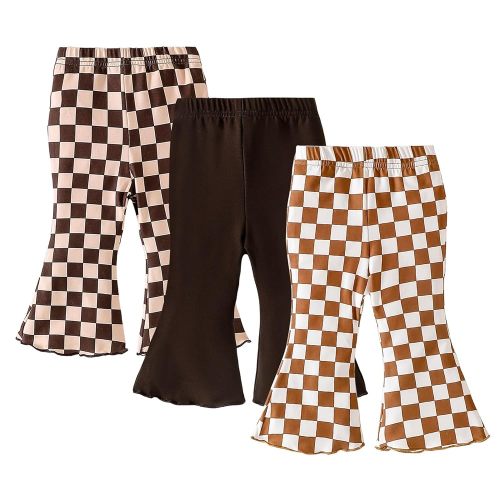 SOBOWO Checkered Baby Girl Flare Pants 3 Pack Toddler Bell Bottoms Plaid Ruffle Leggings Pants Fall Winter Outfits Size 6M-4T