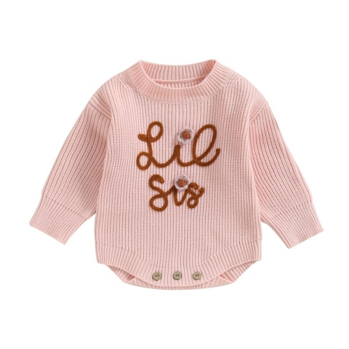 Okbabeha Toddler Baby Girl Chunky Sweater Romper Onesie Knit Big/Lil Sis Embroidered Sweatshirt Sister Matching Outfit