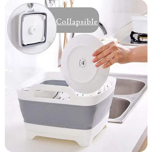 9L (2.4Gal) Dish Basin Collapsible with Drain Plug Carry Handles,Kitchen Storage Tray Dish Wash Basin, Portable Dish Tub, Foldable Dishpan for Camping,RV,Gray