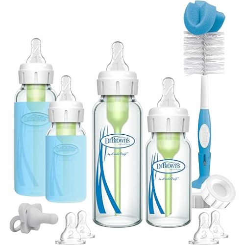Dr. Brown's Natural Flow® Anti-Colic Options+™ Narrow Glass Baby Bottle Starter Set with Silicone Sleeves,Brush and Soft 100% Silicone HappyPaci™ Pacifier for Newborns