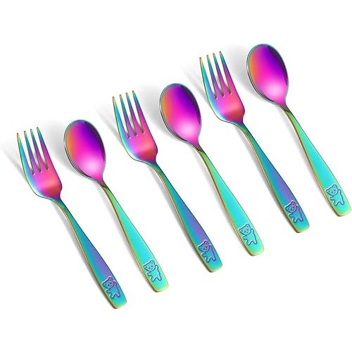 Pimoys 6 Pieces Toddler Utensils Kids Rainbow Silverware Stainless Steel Toddler Forks and Spoons Set, Metal Childrens Safe Flatware Child Cutlery Set, Dishwasher Safe