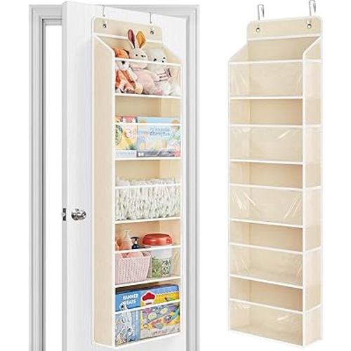 JARLINK Toy Stuffed Animal Storage, Over The Door Organizer W/Clear View Windows, 44lb Load, Baby Toy Storage Organizer for Nursery, Kid Bedroom, Newborn Baby Essentials (Beige)