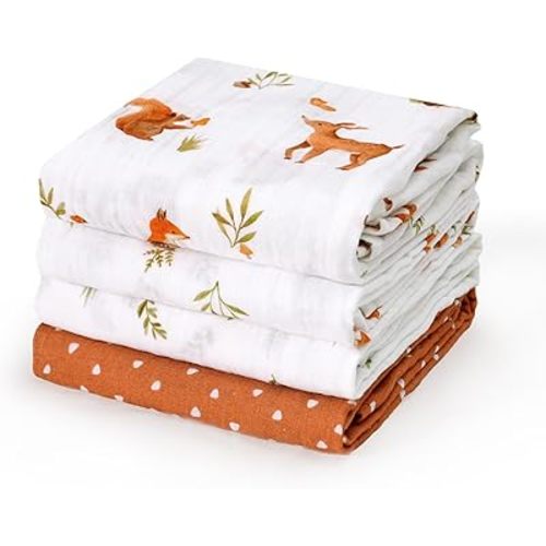 david's kids 4 Pack Baby Muslin Swaddle Blankets, 100% Cotton Swaddling Blankets Wrap for Boys Girls, Ultra Soft Breathable Receiving Blanket, New Born Essentials,Forest Animals