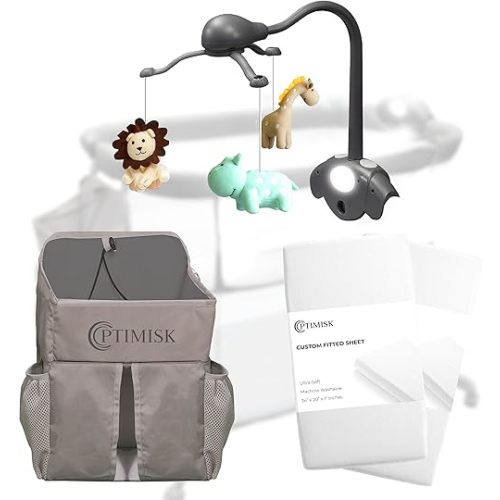 Accessory Bundle Including a Gray Baby Crib Mobile, Large Diaper Caddy, and 2 Mattress Sheets for Your Baby boy or Girl Bassinet