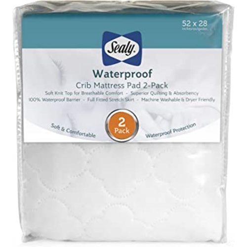 Sealy 2-PACK Waterproof Fitted Toddler Bed and Baby Crib Mattress Pad Cover Protector, Noiseless, Machine Washable and Dryer Friendly, 52" x 28" - White