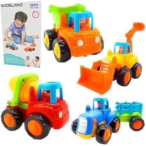 Friction Powered Cars, Push and Go Toy Trucks Construction Vehicles Toys Set for 1 2 3 Year Old Baby Toddlers Beach Dump Truck, Cement Mixer, Bulldozer, Tractor, Early Educational Toys, A Set of 4