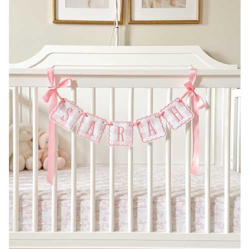 Personalized Pink Gingham Name Banner – Baby Girl Buffalo Name Garland for Nursery, Crib, Shower Decor – Custom Embroidered Appliqué Sign