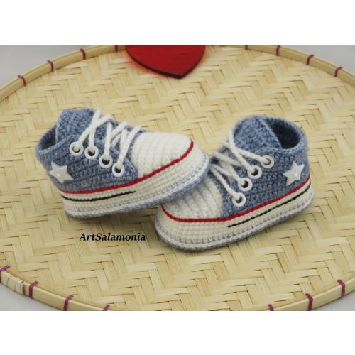 Baby sneakers reinforced double sole Improved quality blue jeans baby shoes crocheted birthday gift sneakers baptism