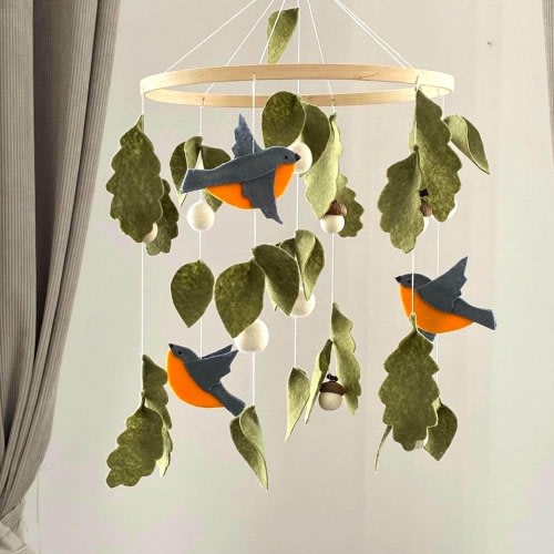 Baby mobile neutral forest birds green flora leafs nature woodland, gift baby shower, Farmhouse decor nursery Crib cot