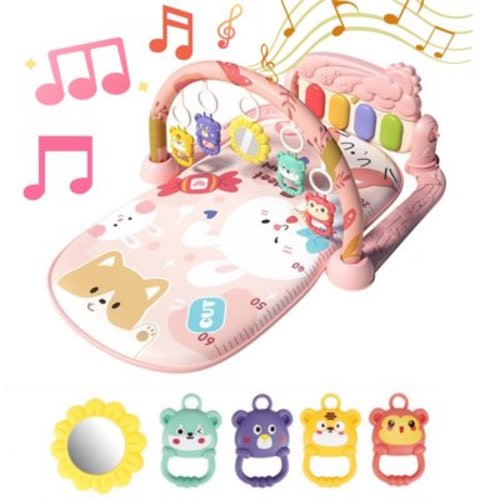 Baby Play Mat Baby Gym, Play Piano Tummy Time Mat Toys with 5 Infant Sensory Baby Toys, Music and Soft Lights for Newborn Boys Girls 0-6 6-12 Months, Pink Rabbit
