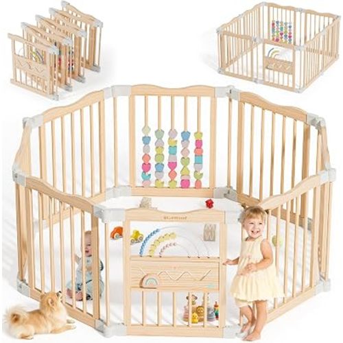 Foldable Wooden Baby Playpen, 45 x 45 x 24 inches, Pastel Dream, Natural