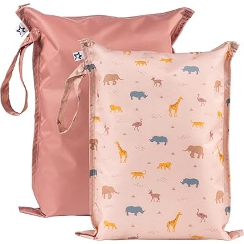 Tiny Twinkle Mess Proof Wet Bags | 2-Pack Reusable Waterproof Wet Bags for Swimsuits | Baby Clothes | Travel & Diaper Bag (Petite Safari)