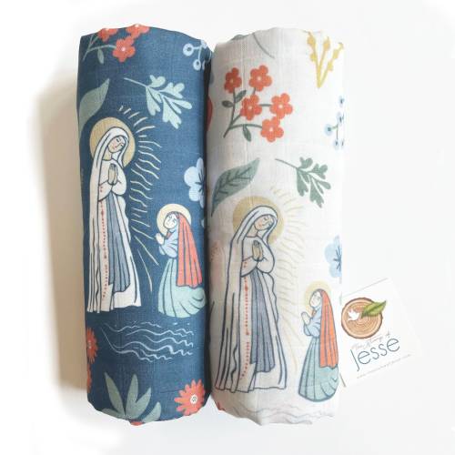 Our Lady of Lourdes and St. Bernadette Muslin Deluxe Swaddle | Catholic gift | Baptism | Virgin Mary blanket | Catholic Swaddle