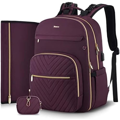 MOMUVO Diaper Bag Backpack, Quilted Baby Bag with Changing Pad & Stroller Straps & Pacifier Case, Large Travel Diaper Bags for Mom Dad, Dark Purple