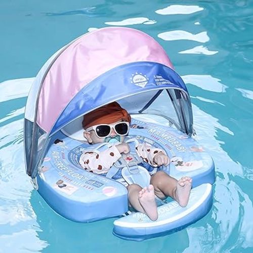 Mambobaby Baby Pool Float with Canopy & Tail Mambobaby Baby Swim Float Non-Inflatable Solid Baby Float Upgrade Soft Waterproof Skin-Friendly Material Infant Swim Float (Deluxe Edition)