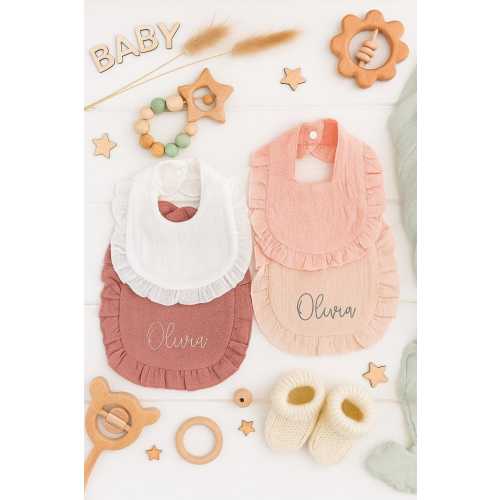 Personalized Embroidered Muslin Ruffle Baby Bib: Pink Cotton