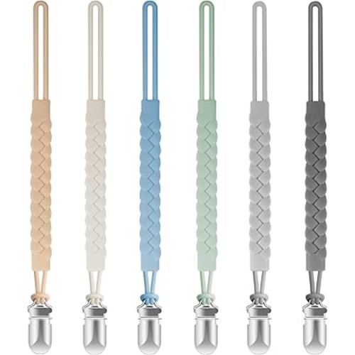Silicone Pacifier Clips for Baby Boys and Girls, Woven Rope Flexible Design, Pacifier Holders for Teething Relief and Baby Essentials, Safe for Newborns (6 Pack)