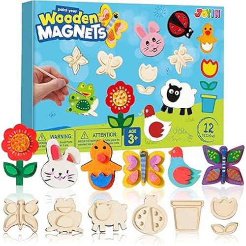 JOYIN 12 Wooden Magnet Creativity Arts & Crafts Painting Kit for Kids, Decorate Your Own Painting Gift for Easter Basket Stuffers, Birthday Parties and Family Crafts, Party Favors for Boys Girls