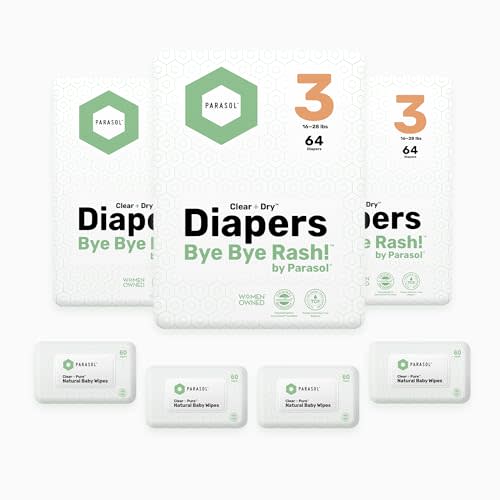 Parasol Clear+Dry Disposable Diapers and Clear+Pure Wipes, RashShield Protection, Size 3 (16-28 lbs), Diaper Bundle of 192 Diapers & 240 Wipes