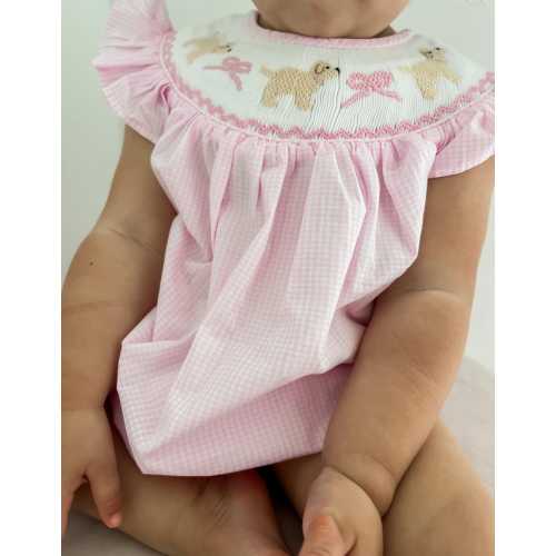 Puppy and Bows Pink Gingham Smocked Bubble